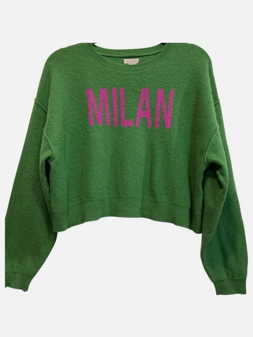 Pilcro Anthropologie Alani Cropped Crewneck Sweater in green with Pink 